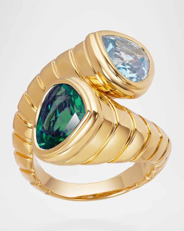 Trisola 18K Yellow Gold Green Tourmaline and Aquamarine Ring, Size